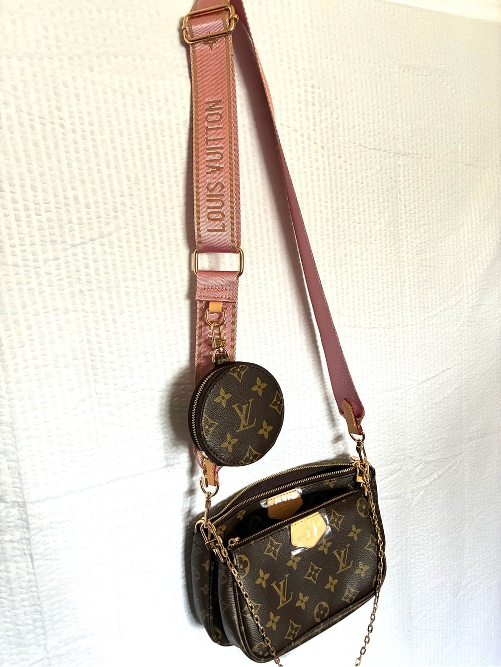 LV Brown Monogram 3-Piece Crossbody Set with Pink Strap